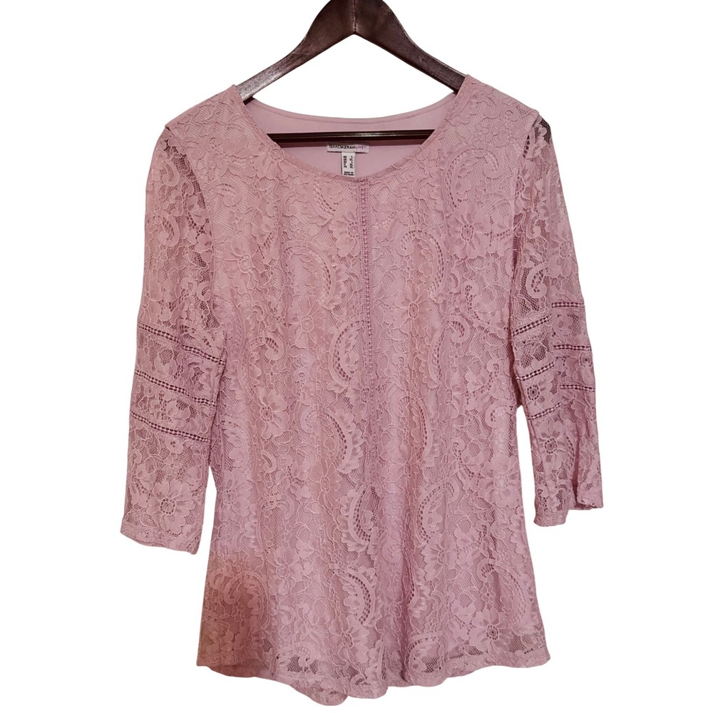 Isaac Mizrahi Live‎ Womens Pink Floral Lace 3/4 Sleeve Blouse Top Size L Elegant